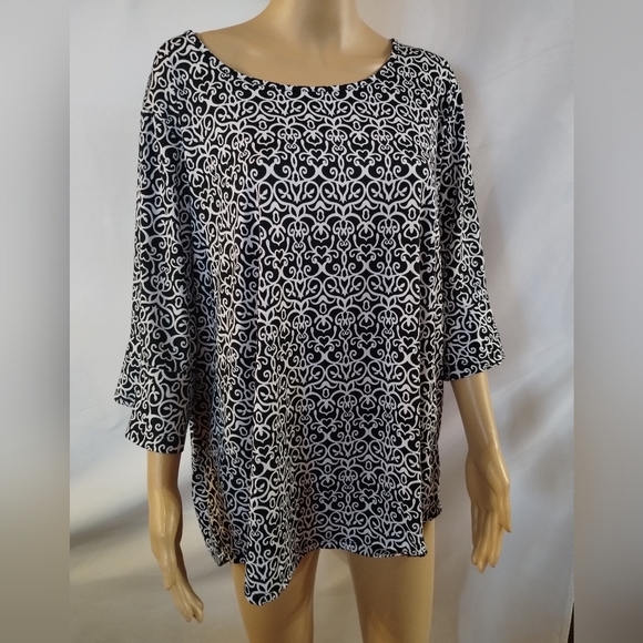 Ellen Weaver Tops - Ellen Weaver 3X Black White Scroll Print Blouse Plus Size Stretch Tunic Top
